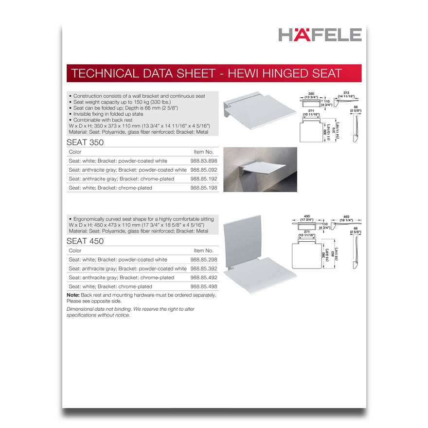 HEWI Seating Technical Data Sheet