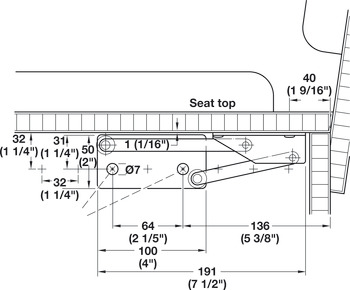 Bench Seat Hinge, for Light Weight Seat Tops, without Spring
