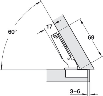 Concealed Cup Hinge, Häfele Duomatic 120°, for -30° corner application